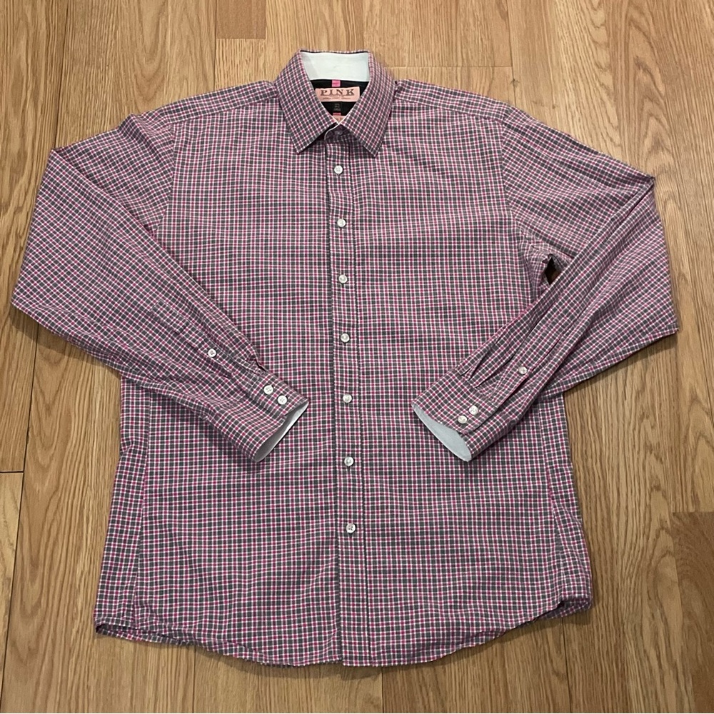 Thomas Pink Men’s 15.5 Long Sleeve Button Up Shirt Slim Fit  Pink Gingham Check